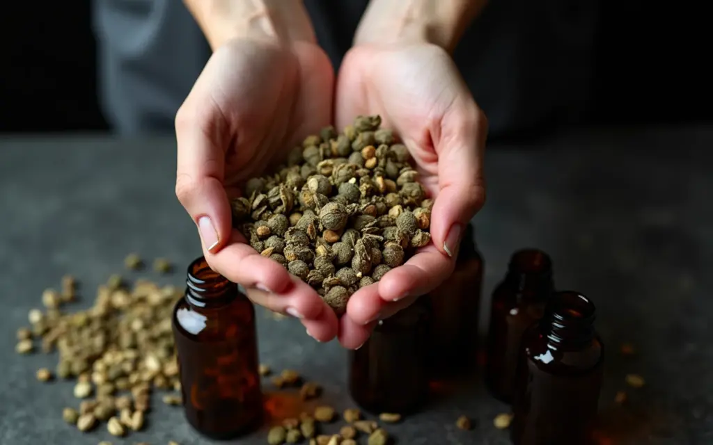 Ervas medicinais secas e frascos de vidro âmbar