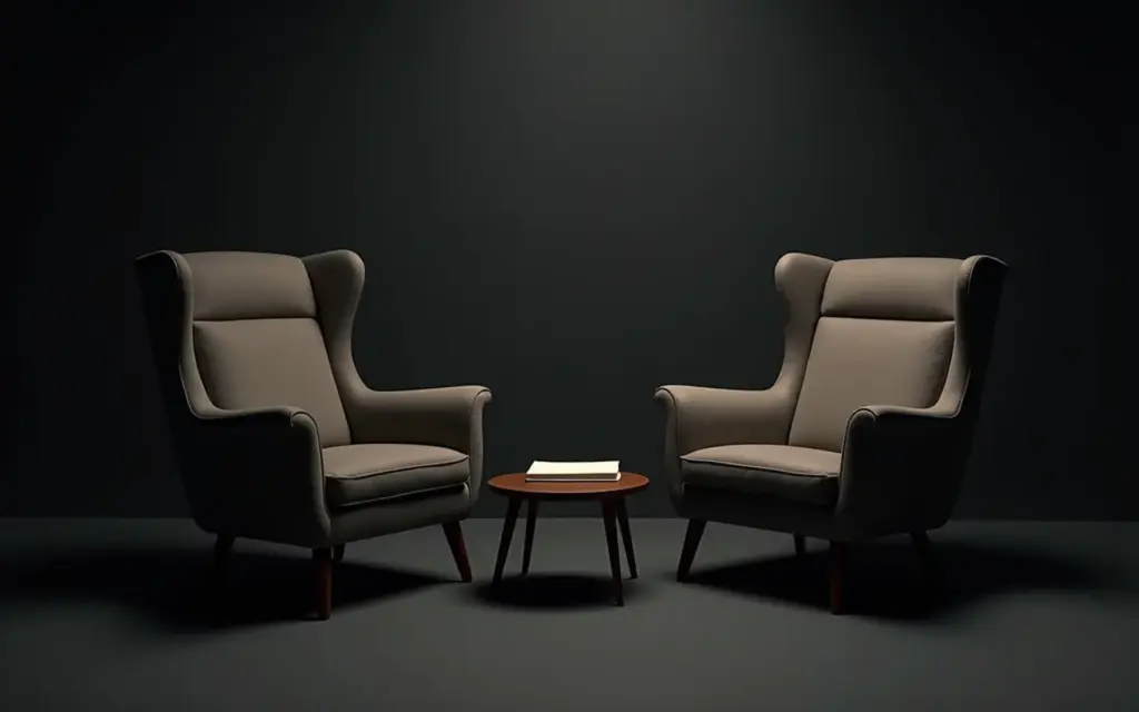 Duas poltronas frente a frente numa sala de consulta