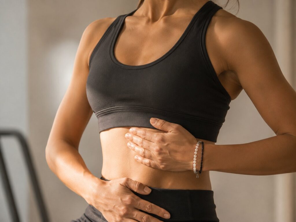 Mão sobre a zona abdominal durante um exercício hipopressivo