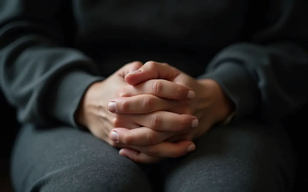 Mãos entrelaçadas pousadas no colo