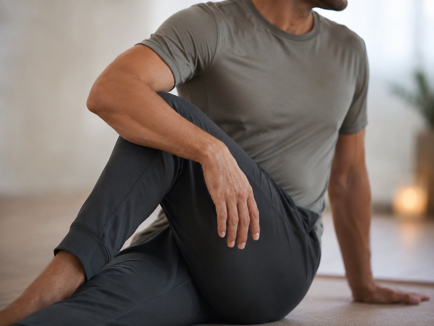 Postura de torção sentada num colchão de yoga